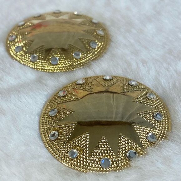 Retro Mod Statement Pierced Earrings Sunburst Pattern w Rhinestone Accents - Picture 4 of 6